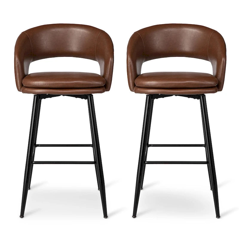 Sgabello da bar in similpelle stile moderno di metà secolo con borchie e gambe in metallo – Nero / Marrone