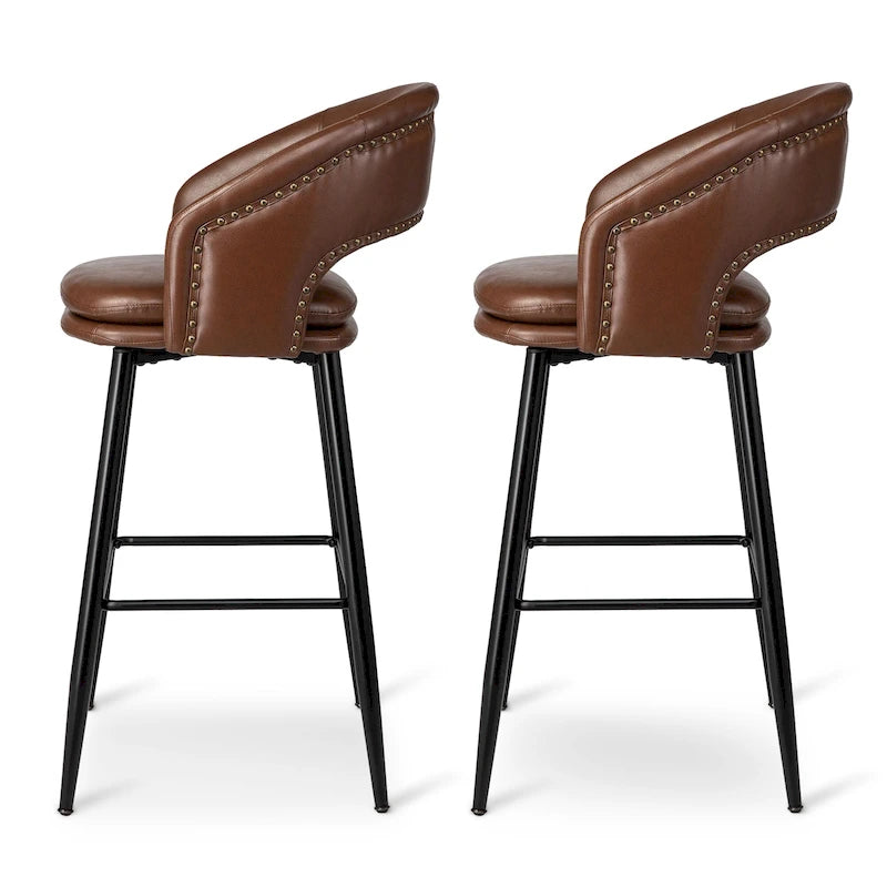 Sgabello da bar in similpelle stile moderno di metà secolo con borchie e gambe in metallo – Nero / Marrone
