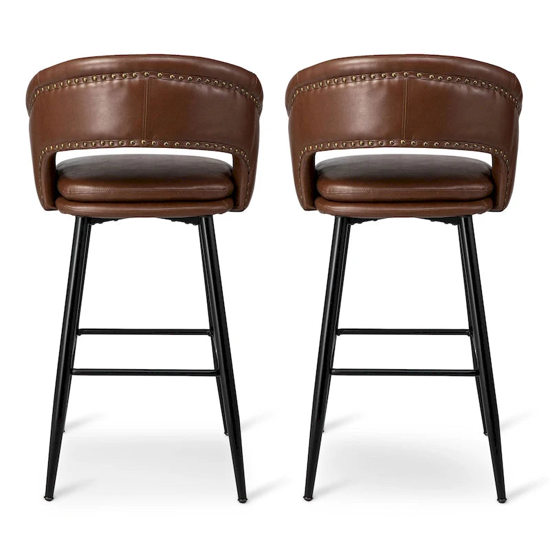 Sgabello da bar in similpelle stile moderno di metà secolo con borchie e gambe in metallo – Nero / Marrone
