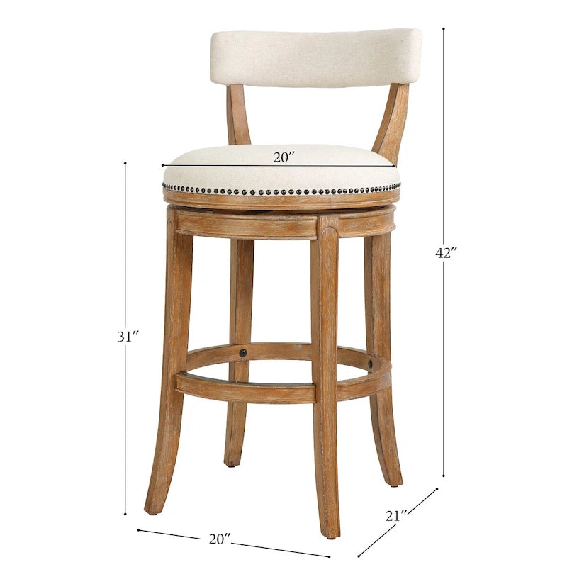 Sgabello da bar curvo con schienale aperto e rotazione a 180°, seduta imbottita e finitura con borchie – Bianco / Noce Pecan, Altezza banco / bar, Singolo