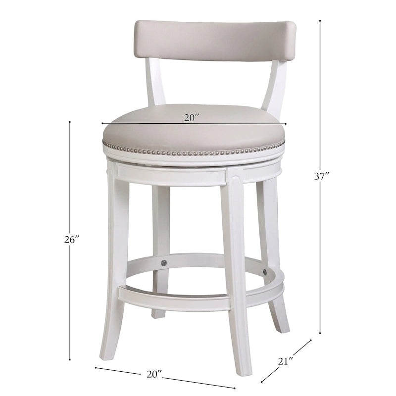 Sgabello da bar curvo con schienale aperto e rotazione a 180°, seduta imbottita e finitura con borchie – Bianco / Noce Pecan, Altezza banco / bar, Singolo