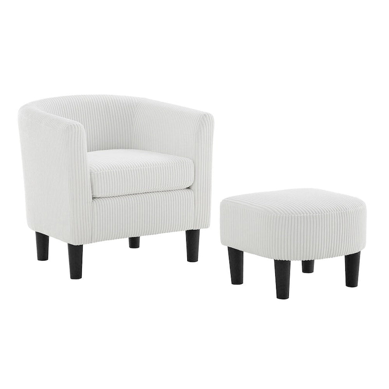 Poltrona d'accento in velluto a coste con pouf e braccioli curvi – Velluto a coste grigio / bianco / giallo / verde / Tessuto nero