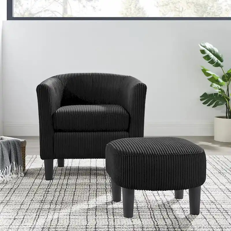 Poltrona d'accento in velluto a coste con pouf e braccioli curvi – Velluto a coste grigio / bianco / giallo / verde / Tessuto nero