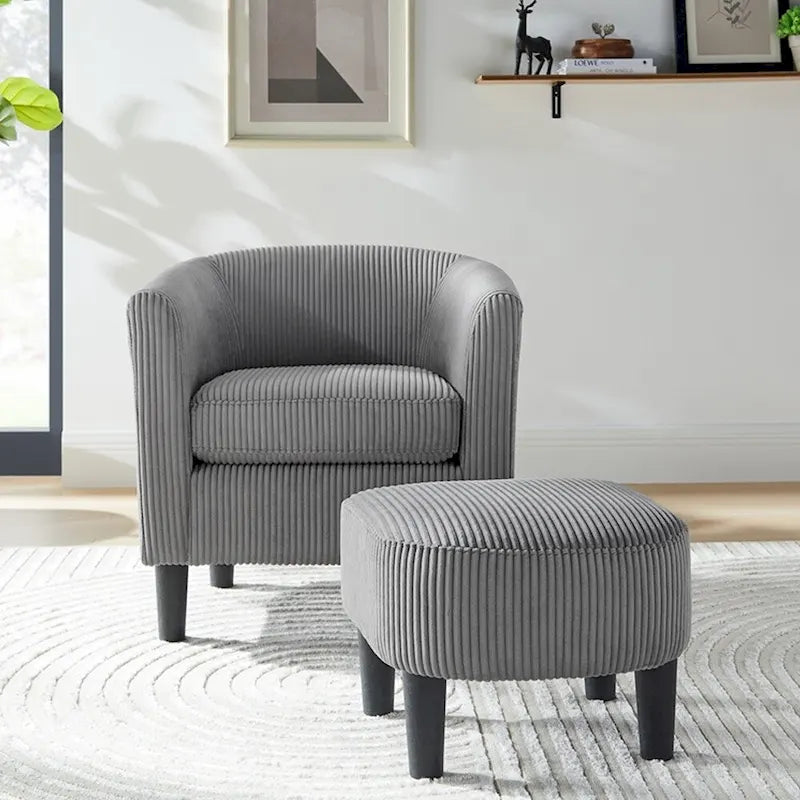 Poltrona d'accento in velluto a coste con pouf e braccioli curvi – Velluto a coste grigio / bianco / giallo / verde / Tessuto nero