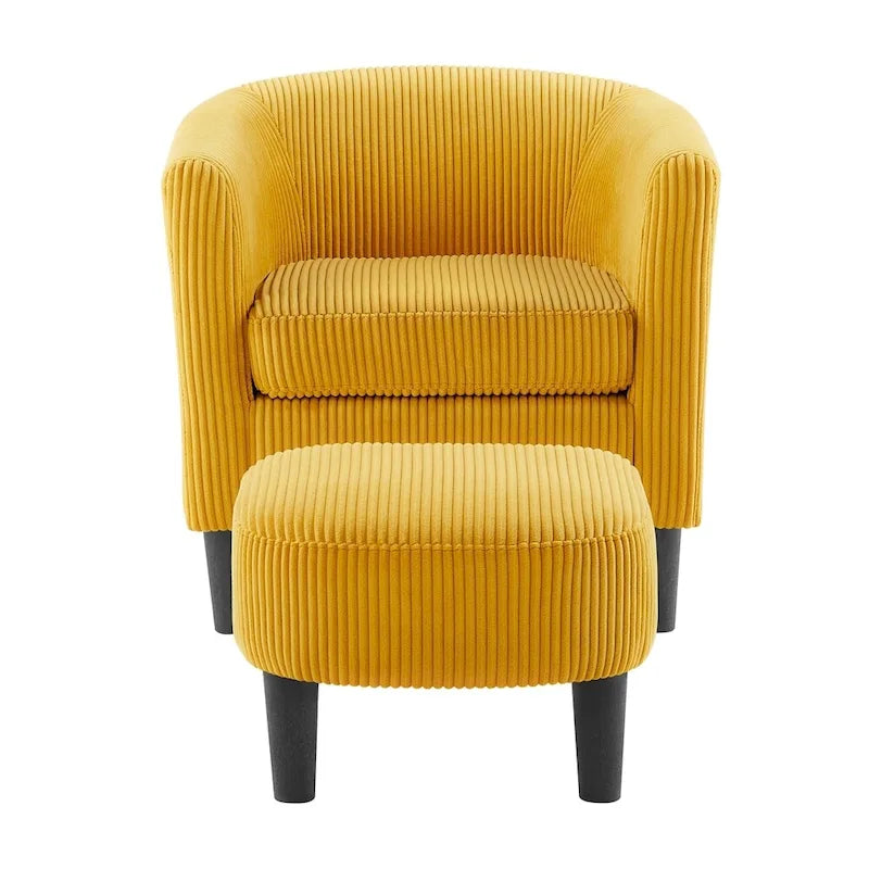 Poltrona d'accento in velluto a coste con pouf e braccioli curvi – Velluto a coste grigio / bianco / giallo / verde / Tessuto nero