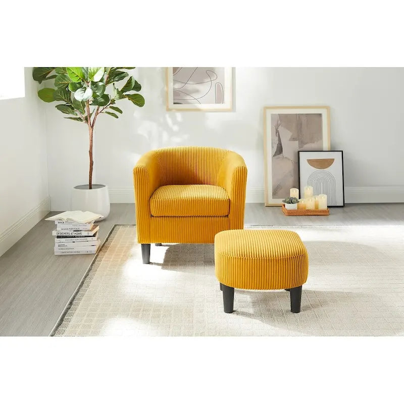Poltrona d'accento in velluto a coste con pouf e braccioli curvi – Velluto a coste grigio / bianco / giallo / verde / Tessuto nero