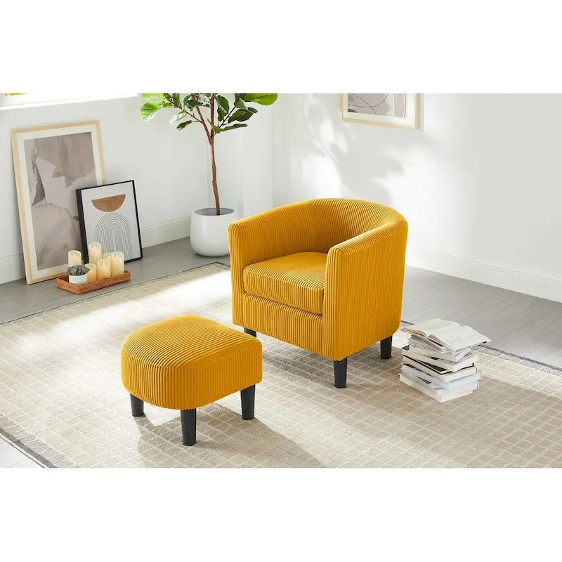 Poltrona d'accento in velluto a coste con pouf e braccioli curvi – Velluto a coste grigio / bianco / giallo / verde / Tessuto nero