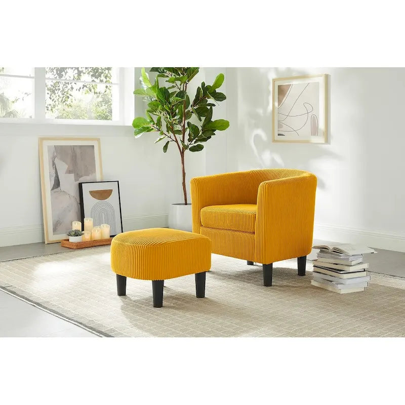 Poltrona d'accento in velluto a coste con pouf e braccioli curvi – Velluto a coste grigio / bianco / giallo / verde / Tessuto nero