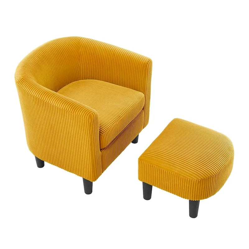 Poltrona d'accento in velluto a coste con pouf e braccioli curvi – Velluto a coste grigio / bianco / giallo / verde / Tessuto nero