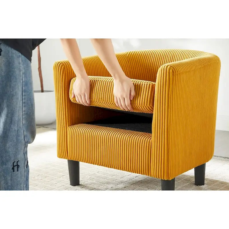 Poltrona d'accento in velluto a coste con pouf e braccioli curvi – Velluto a coste grigio / bianco / giallo / verde / Tessuto nero