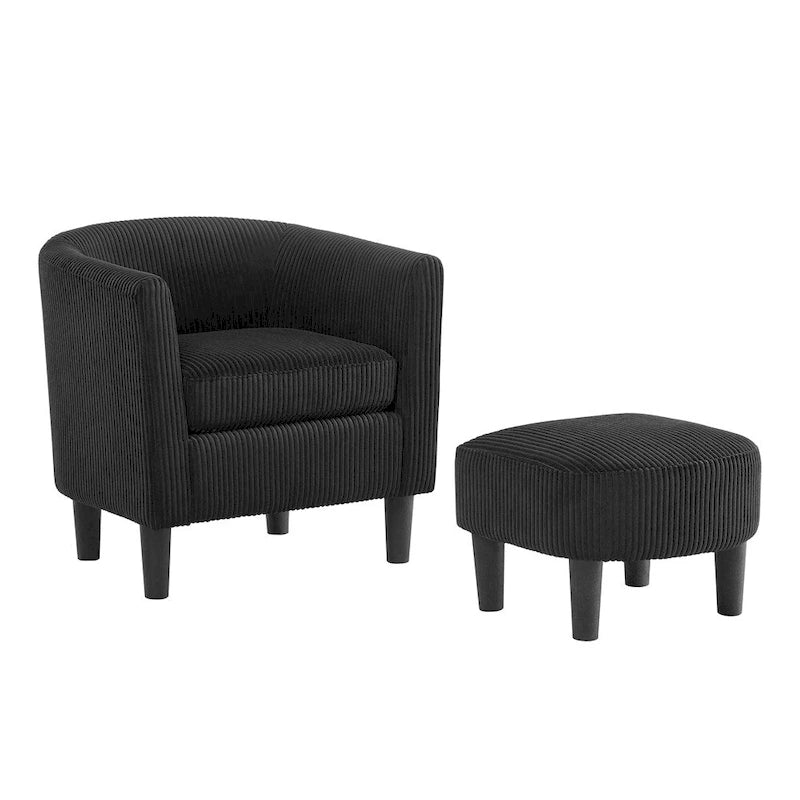 Poltrona d'accento in velluto a coste con pouf e braccioli curvi – Velluto a coste grigio / bianco / giallo / verde / Tessuto nero