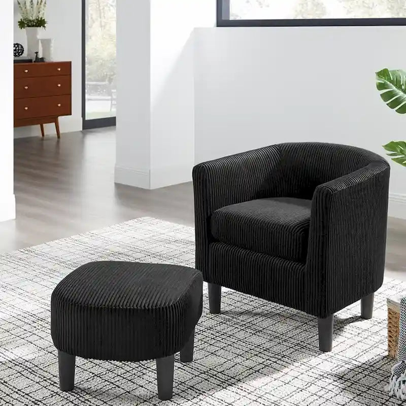 Poltrona d'accento in velluto a coste con pouf e braccioli curvi – Velluto a coste grigio / bianco / giallo / verde / Tessuto nero