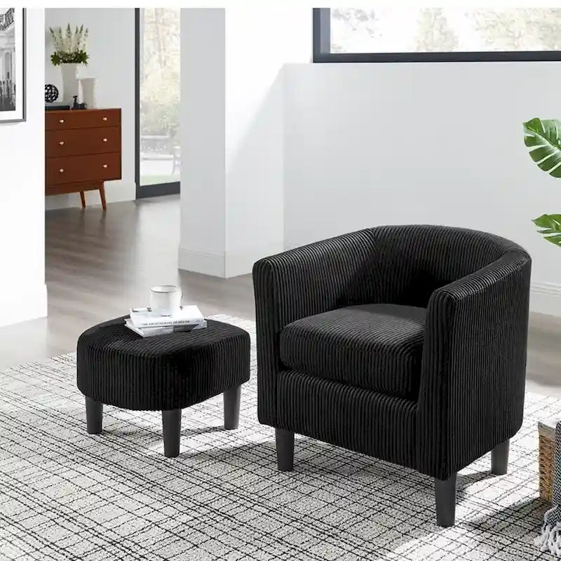 Poltrona d'accento in velluto a coste con pouf e braccioli curvi – Velluto a coste grigio / bianco / giallo / verde / Tessuto nero