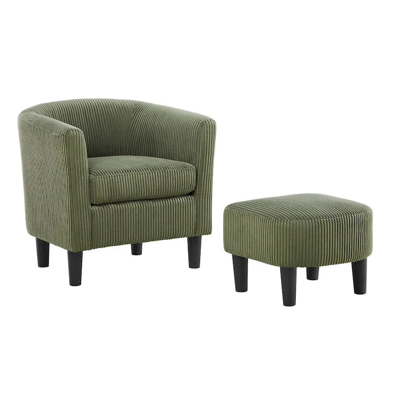 Poltrona d'accento in velluto a coste con pouf e braccioli curvi – Velluto a coste grigio / bianco / giallo / verde / Tessuto nero