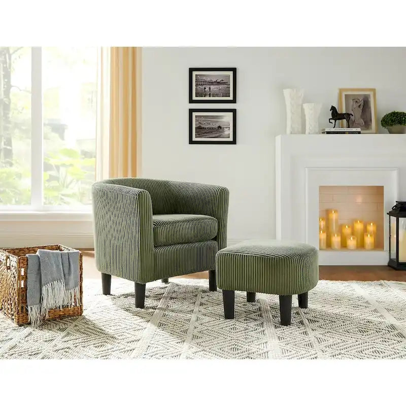 Poltrona d'accento in velluto a coste con pouf e braccioli curvi – Velluto a coste grigio / bianco / giallo / verde / Tessuto nero