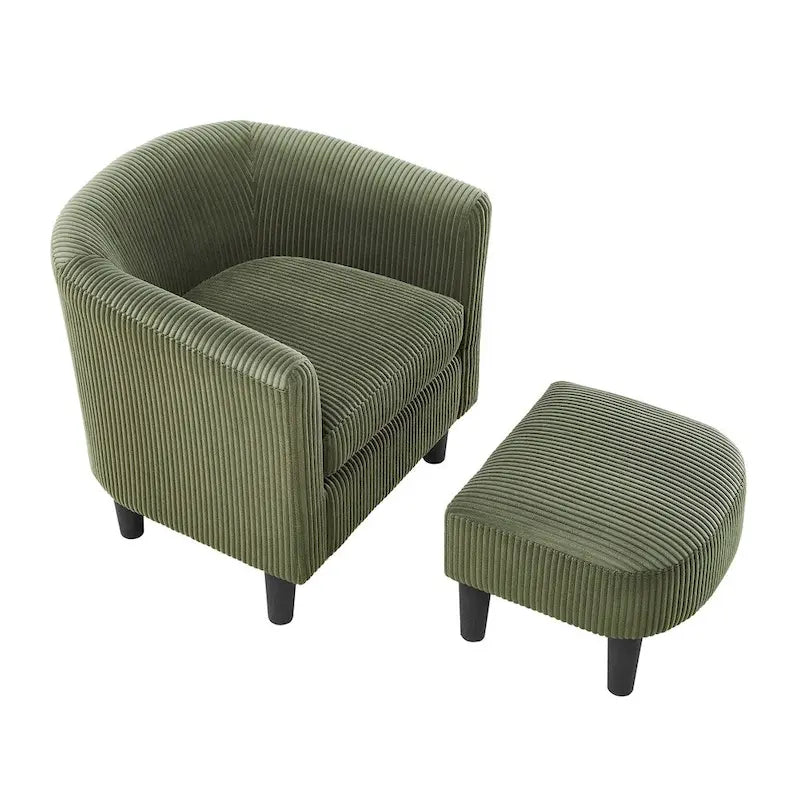 Poltrona d'accento in velluto a coste con pouf e braccioli curvi – Velluto a coste grigio / bianco / giallo / verde / Tessuto nero