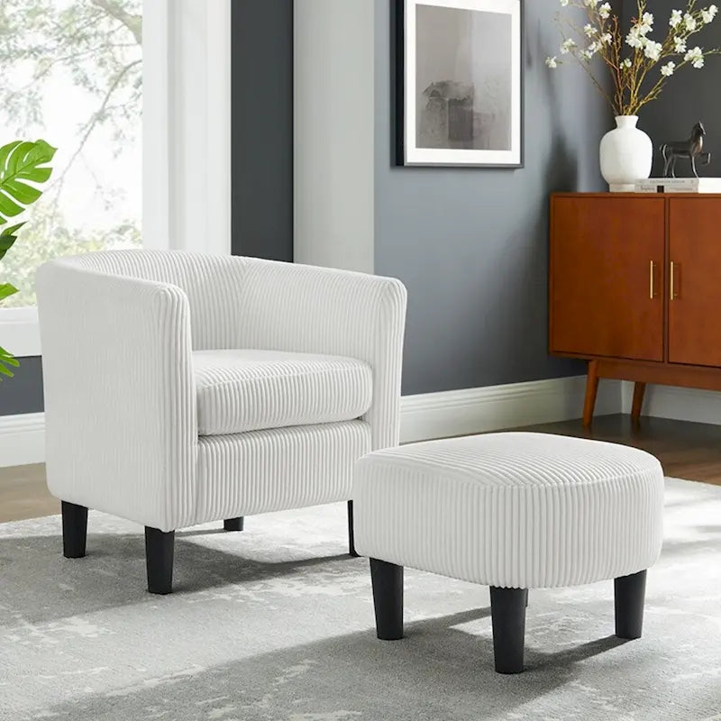 Poltrona d'accento in velluto a coste con pouf e braccioli curvi – Velluto a coste grigio / bianco / giallo / verde / Tessuto nero