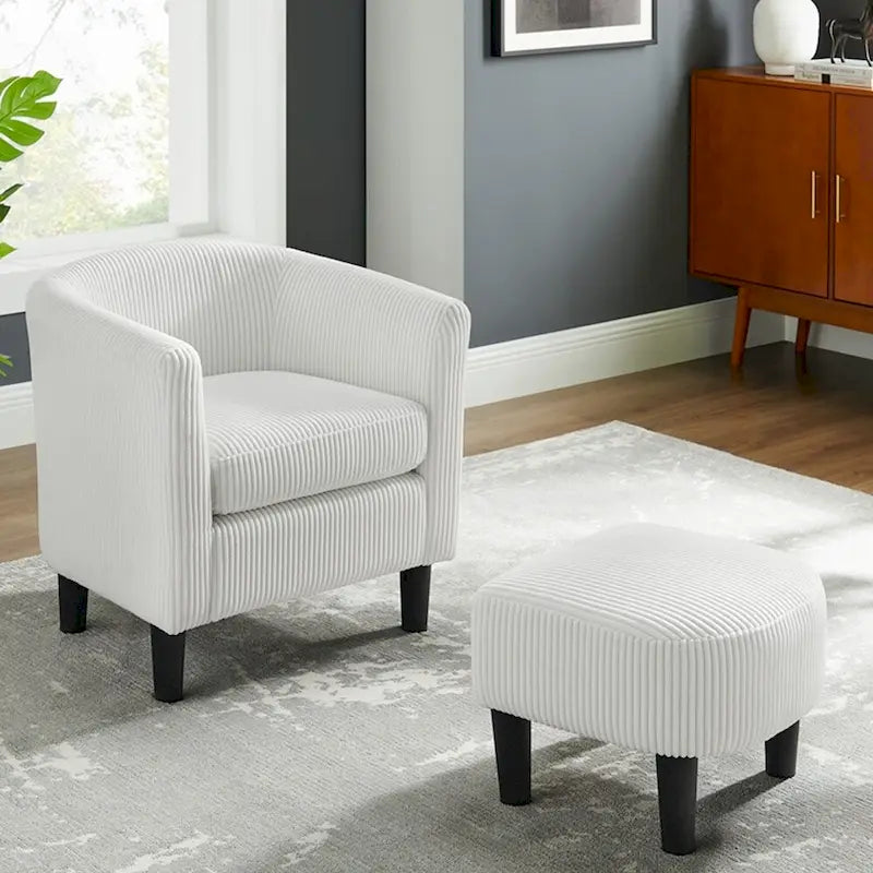 Poltrona d'accento in velluto a coste con pouf e braccioli curvi – Velluto a coste grigio / bianco / giallo / verde / Tessuto nero