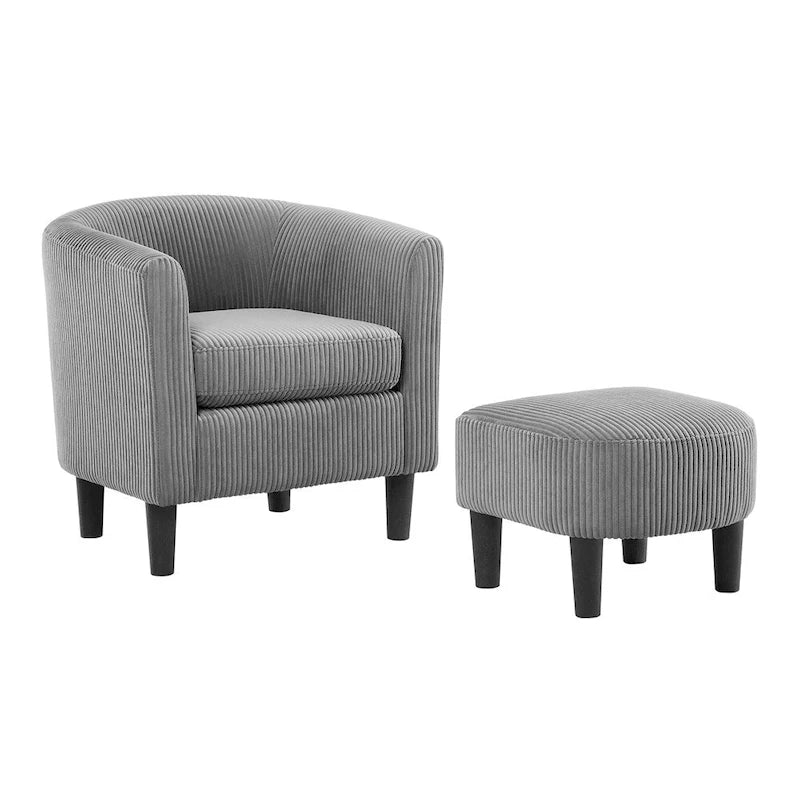 Poltrona d'accento in velluto a coste con pouf e braccioli curvi – Velluto a coste grigio / bianco / giallo / verde / Tessuto nero
