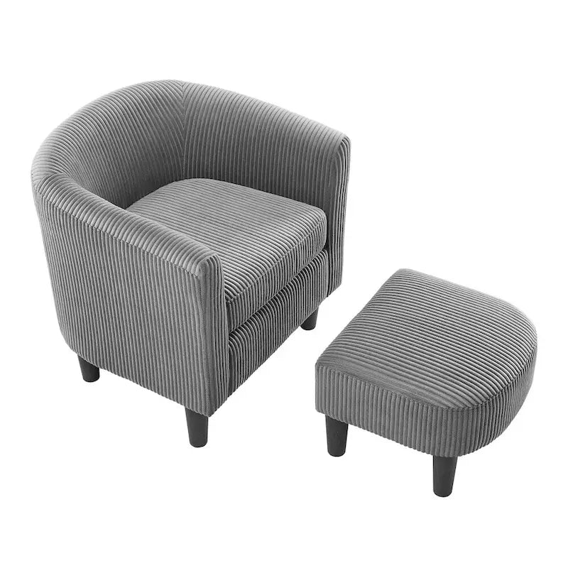 Poltrona d'accento in velluto a coste con pouf e braccioli curvi – Velluto a coste grigio / bianco / giallo / verde / Tessuto nero