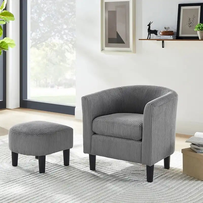 Poltrona d'accento in velluto a coste con pouf e braccioli curvi – Velluto a coste grigio / bianco / giallo / verde / Tessuto nero