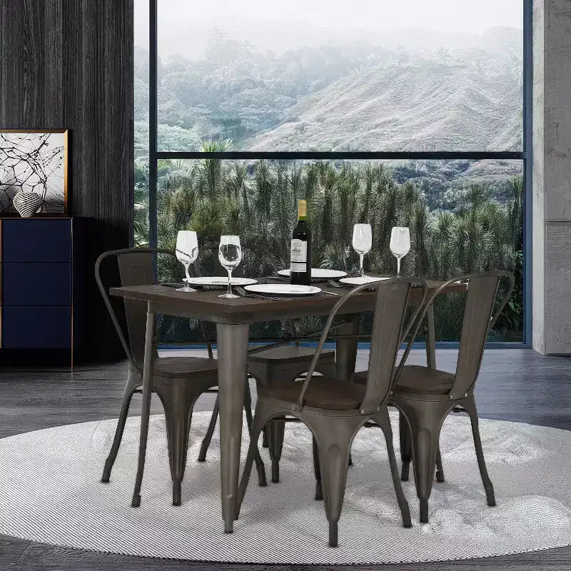 FDW Tavolo da pranzo in metallo antiruggine Tavolo da cucina Tavolino da bar con struttura in metallo e piano in legno Tavolo con base in metallo per interni ed esterni