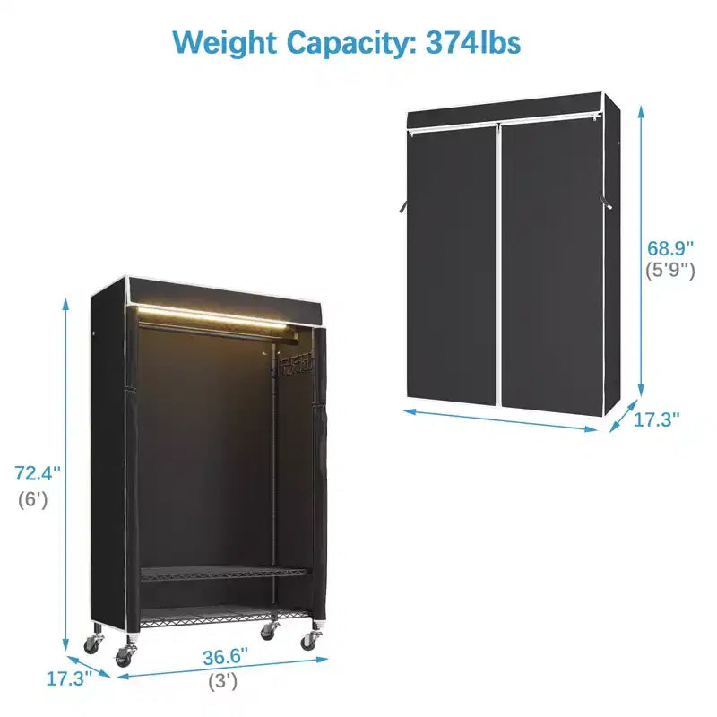 VIPEK R3LC Stender appendiabiti con copertura, Stender appendiabiti resistente con luci LED dimmerabili, Stender appendiabiti in metallo con ruote, Armadio con copertura
