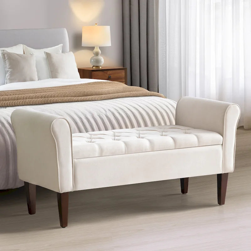 Panca Contenitore Trapuntata Flip-Top da 50,4 Pollici con Braccioli Arrotondati e Gambe in Legno Massello – Verde / Grigio / Beige / Blu / Marrone / Grigio Chiaro / Kaki, Posti a Sedere per 3 Persone