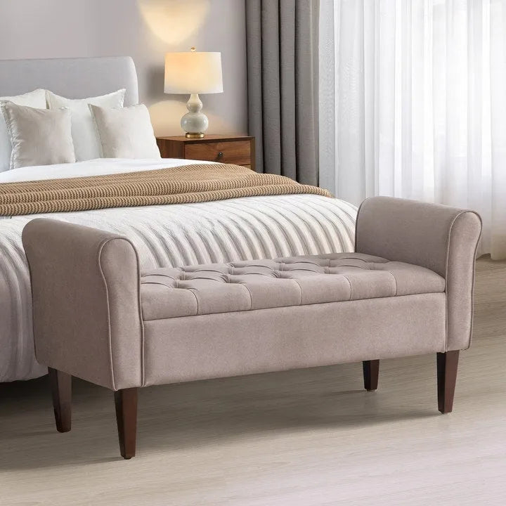 Panca Contenitore Trapuntata Flip-Top da 50,4 Pollici con Braccioli Arrotondati e Gambe in Legno Massello – Verde / Grigio / Beige / Blu / Marrone / Grigio Chiaro / Kaki, Posti a Sedere per 3 Persone