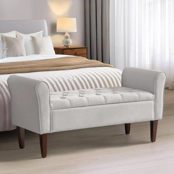 Panca Contenitore Trapuntata Flip-Top da 50,4 Pollici con Braccioli Arrotondati e Gambe in Legno Massello – Verde / Grigio / Beige / Blu / Marrone / Grigio Chiaro / Kaki, Posti a Sedere per 3 Persone