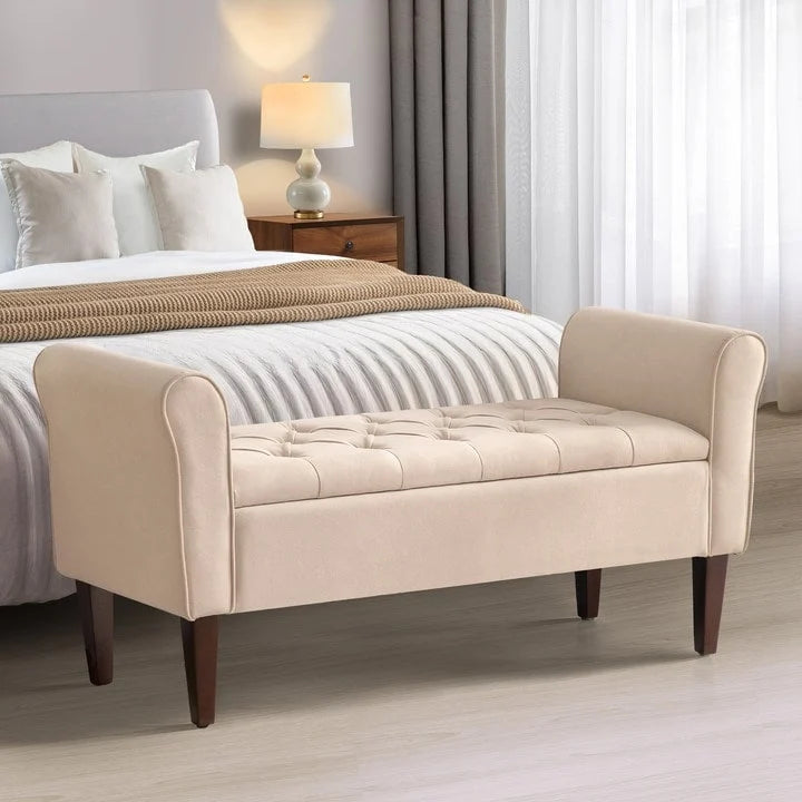 Panca Contenitore Trapuntata Flip-Top da 50,4 Pollici con Braccioli Arrotondati e Gambe in Legno Massello – Verde / Grigio / Beige / Blu / Marrone / Grigio Chiaro / Kaki, Posti a Sedere per 3 Persone