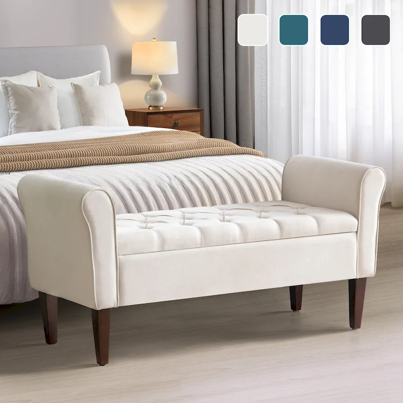 Panca Contenitore Trapuntata Flip-Top da 50,4 Pollici con Braccioli Arrotondati e Gambe in Legno Massello – Verde / Grigio / Beige / Blu / Marrone / Grigio Chiaro / Kaki, Posti a Sedere per 3 Persone