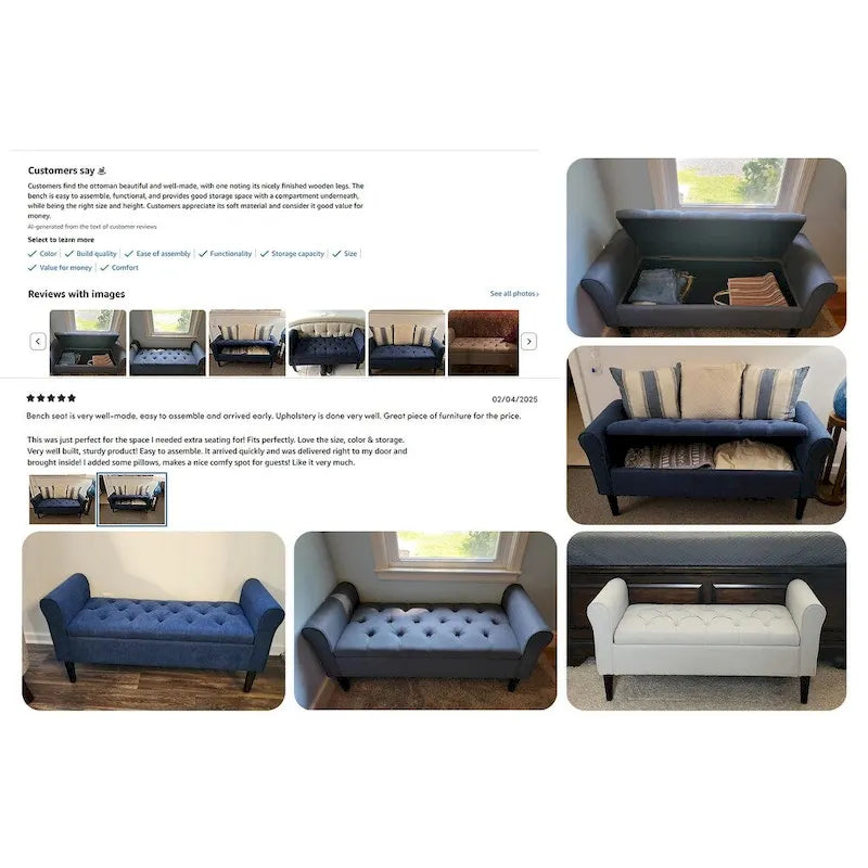 Panca Contenitore Trapuntata Flip-Top da 50,4 Pollici con Braccioli Arrotondati e Gambe in Legno Massello – Verde / Grigio / Beige / Blu / Marrone / Grigio Chiaro / Kaki, Posti a Sedere per 3 Persone