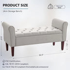 Panca Contenitore Trapuntata Flip-Top da 50,4 Pollici con Braccioli Arrotondati e Gambe in Legno Massello – Verde / Grigio / Beige / Blu / Marrone / Grigio Chiaro / Kaki, Posti a Sedere per 3 Persone