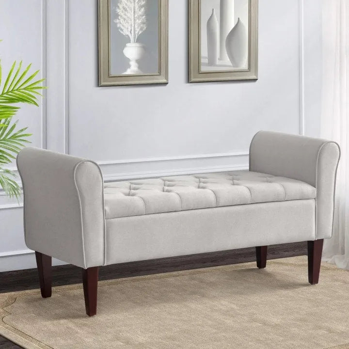 Panca Contenitore Trapuntata Flip-Top da 50,4 Pollici con Braccioli Arrotondati e Gambe in Legno Massello – Verde / Grigio / Beige / Blu / Marrone / Grigio Chiaro / Kaki, Posti a Sedere per 3 Persone