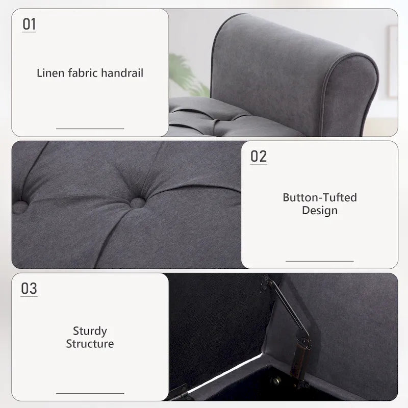 Panca Contenitore Trapuntata Flip-Top da 50,4 Pollici con Braccioli Arrotondati e Gambe in Legno Massello – Verde / Grigio / Beige / Blu / Marrone / Grigio Chiaro / Kaki, Posti a Sedere per 3 Persone