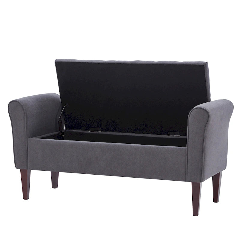 Panca Contenitore Trapuntata Flip-Top da 50,4 Pollici con Braccioli Arrotondati e Gambe in Legno Massello – Verde / Grigio / Beige / Blu / Marrone / Grigio Chiaro / Kaki, Posti a Sedere per 3 Persone