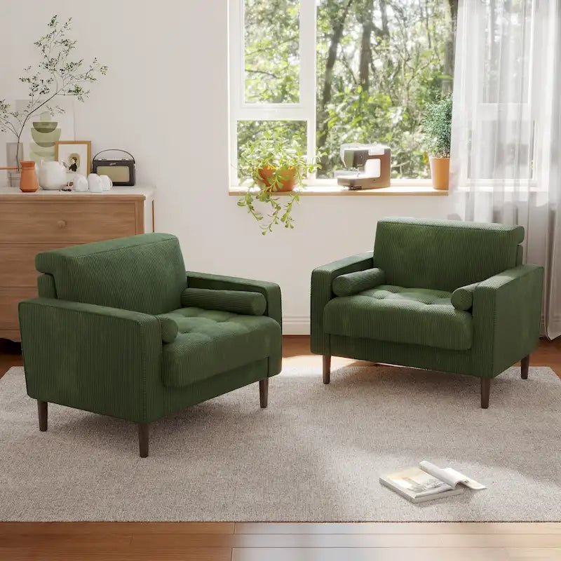 Poltrona d'accento oversize in velluto a coste con sedile trapuntato, braccioli squadrati e gambe coniche in legno – Grigio chiaro / Blu navy / Verde / Beige / Grigio / Giallo