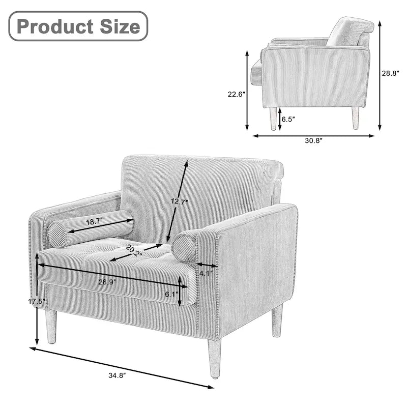Poltrona d'accento oversize in velluto a coste con sedile trapuntato, braccioli squadrati e gambe coniche in legno – Grigio chiaro / Blu navy / Verde / Beige / Grigio / Giallo