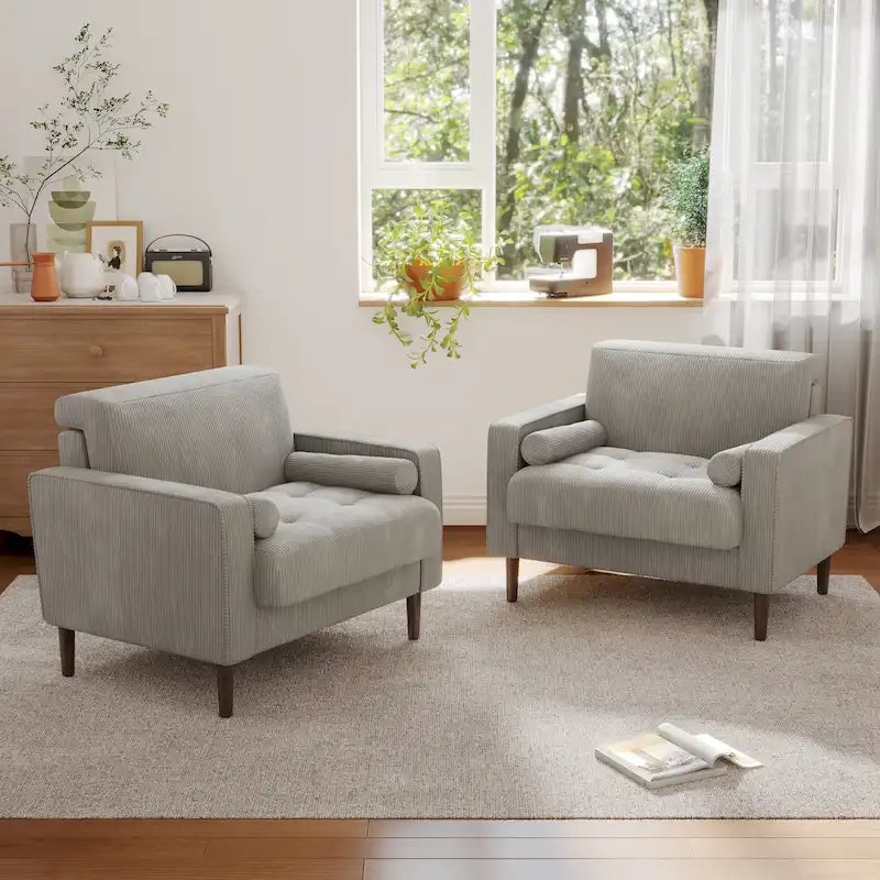 Poltrona d'accento oversize in velluto a coste con sedile trapuntato, braccioli squadrati e gambe coniche in legno – Grigio chiaro / Blu navy / Verde / Beige / Grigio / Giallo