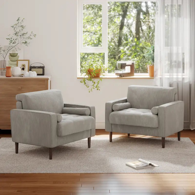 Poltrona d'accento oversize in velluto a coste con sedile trapuntato, braccioli squadrati e gambe coniche in legno – Grigio chiaro / Blu navy / Verde / Beige / Grigio / Giallo