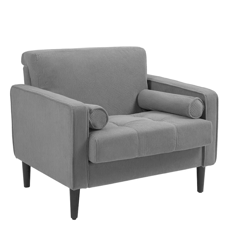 Poltrona d'accento oversize in velluto a coste con sedile trapuntato, braccioli squadrati e gambe coniche in legno – Grigio chiaro / Blu navy / Verde / Beige / Grigio / Giallo
