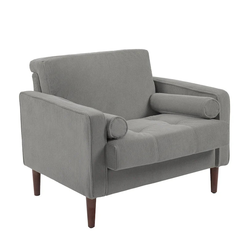 Poltrona d'accento oversize in velluto a coste con sedile trapuntato, braccioli squadrati e gambe coniche in legno – Grigio chiaro / Blu navy / Verde / Beige / Grigio / Giallo