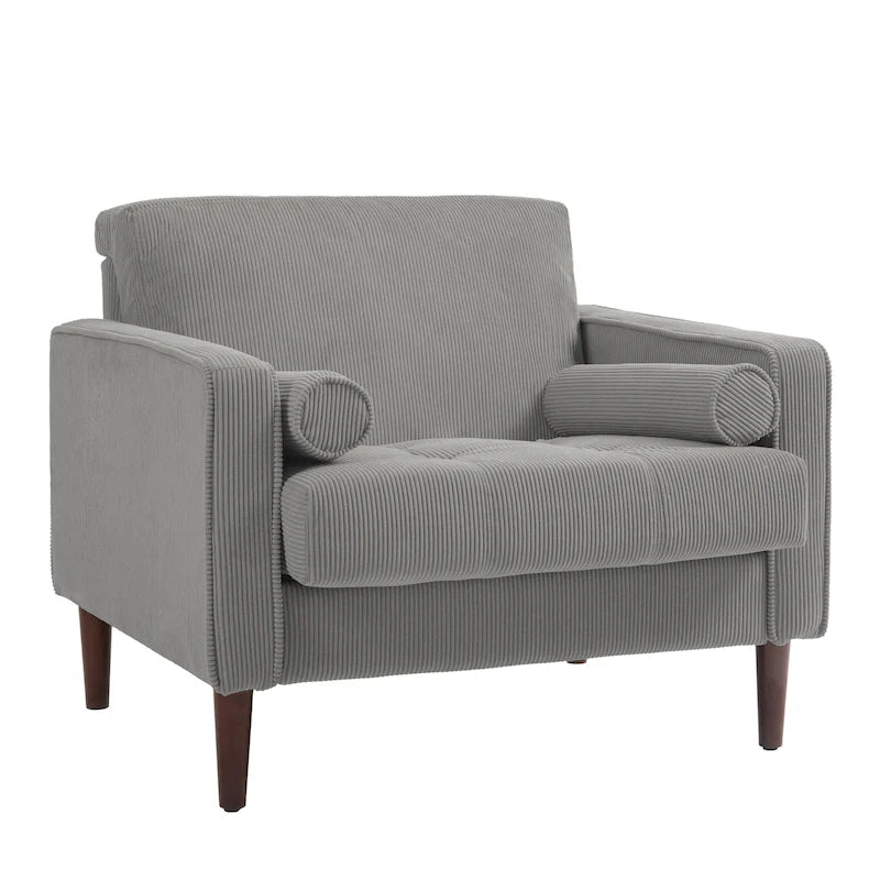 Poltrona d'accento oversize in velluto a coste con sedile trapuntato, braccioli squadrati e gambe coniche in legno – Grigio chiaro / Blu navy / Verde / Beige / Grigio / Giallo