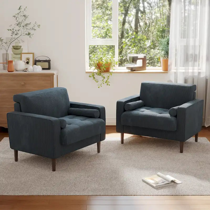 Poltrona d'accento oversize in velluto a coste con sedile trapuntato, braccioli squadrati e gambe coniche in legno – Grigio chiaro / Blu navy / Verde / Beige / Grigio / Giallo