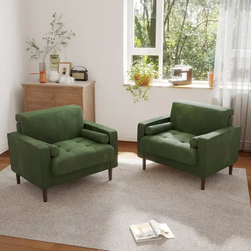 Poltrona d'accento oversize in velluto a coste con sedile trapuntato, braccioli squadrati e gambe coniche in legno – Grigio chiaro / Blu navy / Verde / Beige / Grigio / Giallo