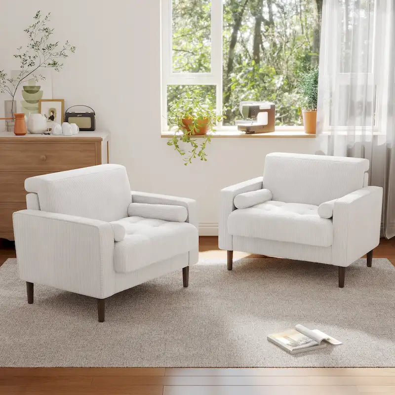 Poltrona d'accento oversize in velluto a coste con sedile trapuntato, braccioli squadrati e gambe coniche in legno – Grigio chiaro / Blu navy / Verde / Beige / Grigio / Giallo