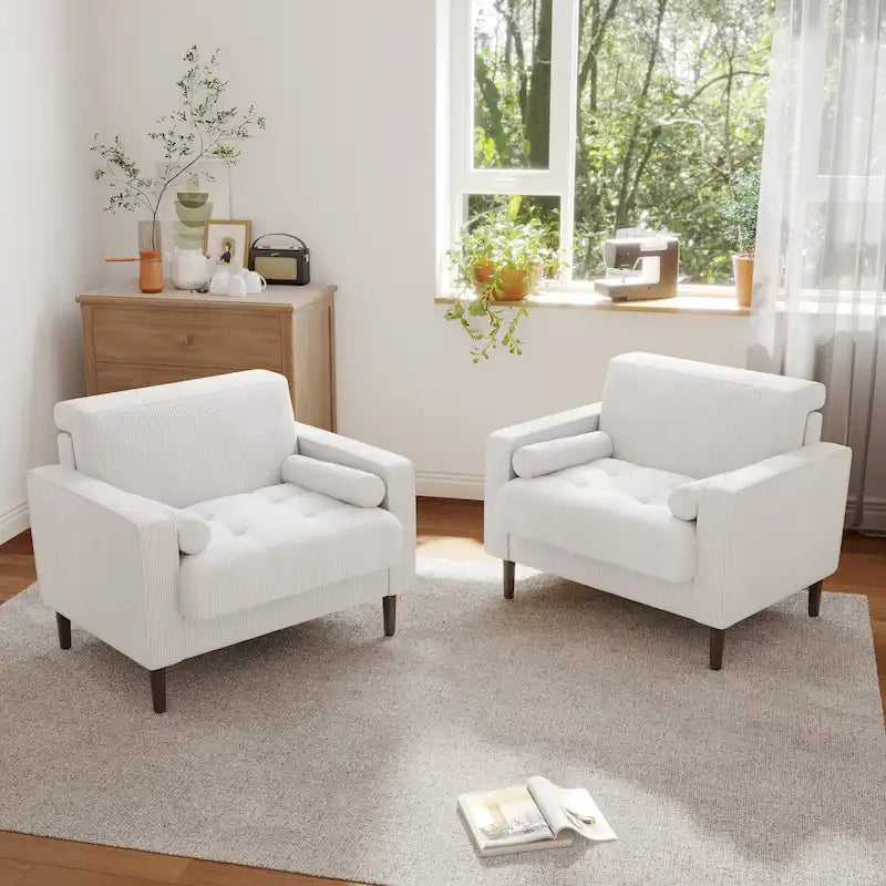 Poltrona d'accento oversize in velluto a coste con sedile trapuntato, braccioli squadrati e gambe coniche in legno – Grigio chiaro / Blu navy / Verde / Beige / Grigio / Giallo