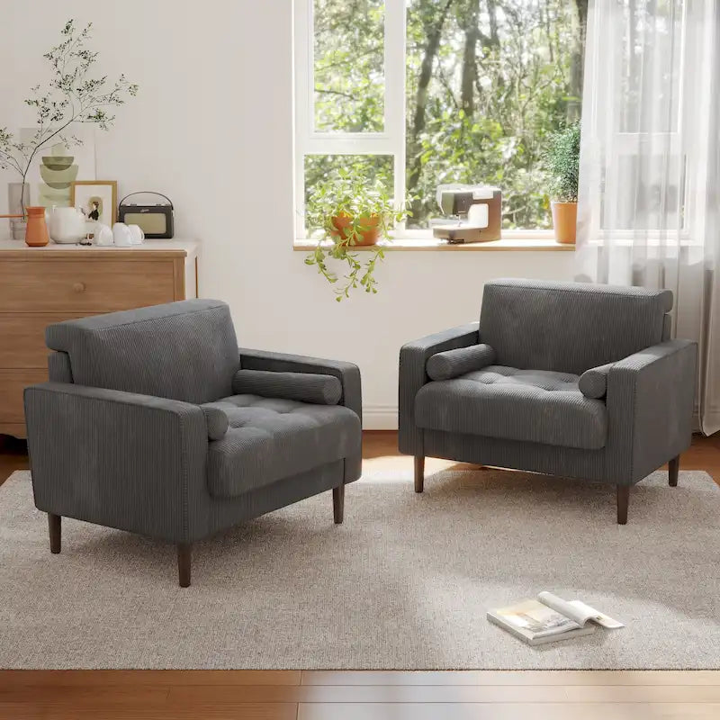 Poltrona d'accento oversize in velluto a coste con sedile trapuntato, braccioli squadrati e gambe coniche in legno – Grigio chiaro / Blu navy / Verde / Beige / Grigio / Giallo