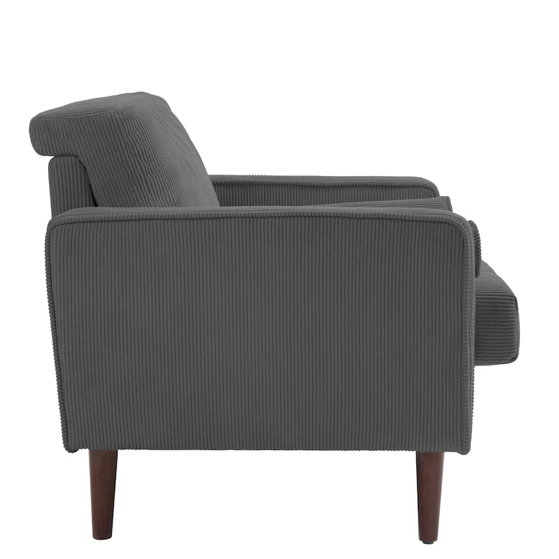 Poltrona d'accento oversize in velluto a coste con sedile trapuntato, braccioli squadrati e gambe coniche in legno – Grigio chiaro / Blu navy / Verde / Beige / Grigio / Giallo